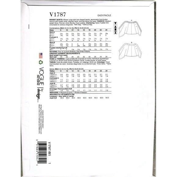 Vogue V1787 Misses 8 to 16 Asymmetrical Wrap Skirt Uncut Sewing Pattern 2021 - Picture 2 of 2